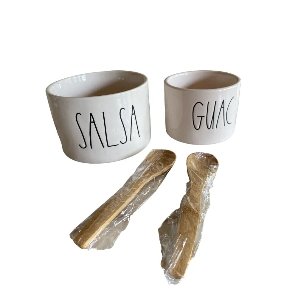 Rae Dunn Artisan Collection Guac & Salsa Ceramic Bowl Set‎ W/ Bamboo Spoons